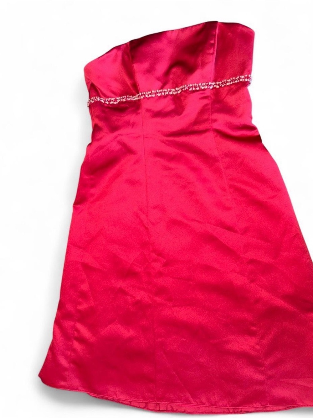 Strapless red Satin Dress with Beaded Trim